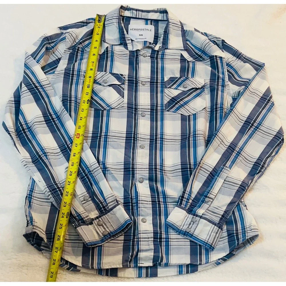 Aeropostale Mens Blue White Plaid Western Pearl Snap Button Down Shirt Medium